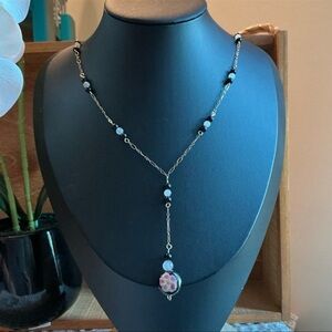 Vintage 14K GF Rose Quartz Black Onyx Lariat Y Necklace
